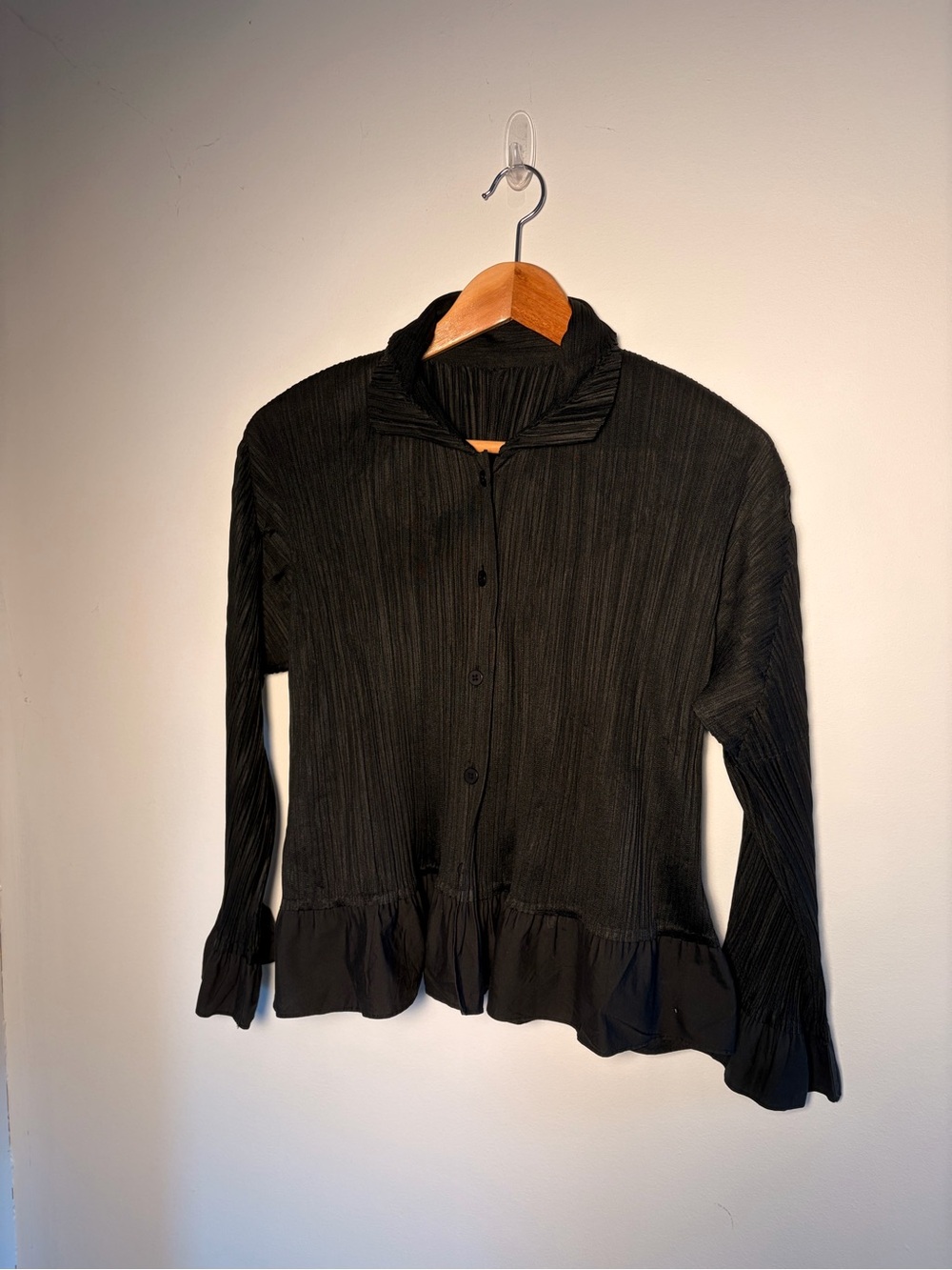 Pleats please Black Pleated Button-Down Ruffle Hem Top